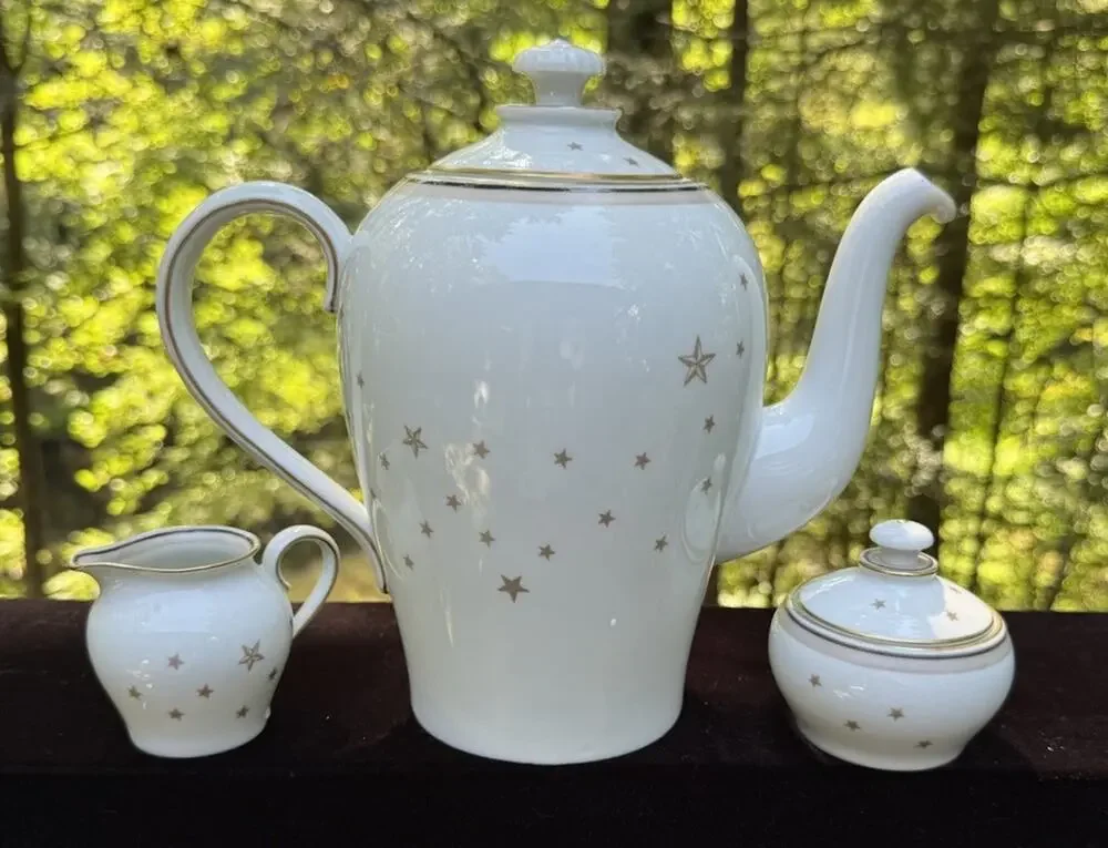 Rare Vintage Bing & Grondahl Milky Way Gold Star Pattern Tea Pot Cream & Sugar
